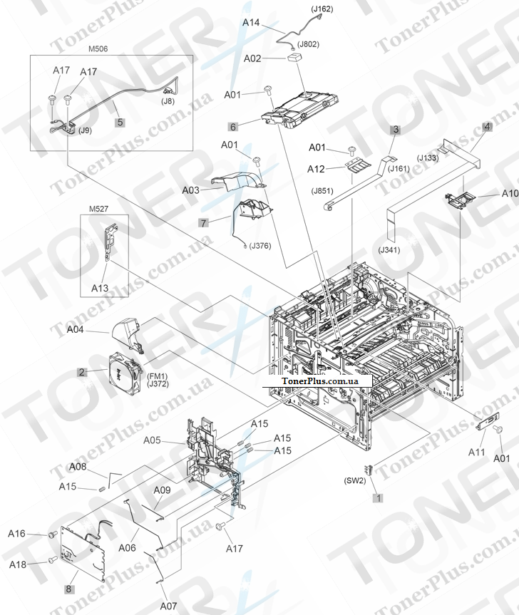 Каталог запчастей для HP LaserJet M527f Enterprise - Internal assemblies (1 of 4)
