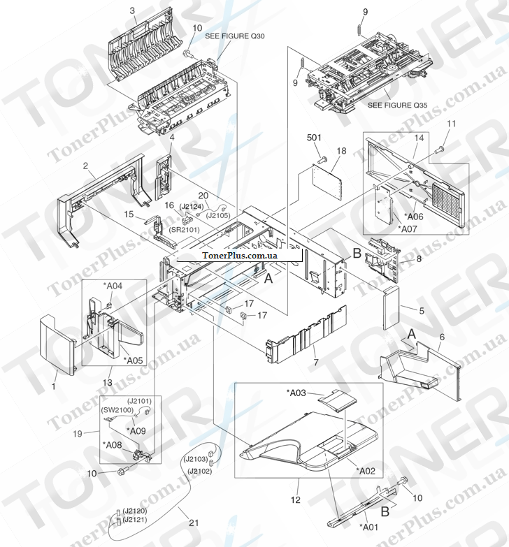 Каталог запчастей для HP LaserJet M5035 MFP - Stapler, stacker assembly main body