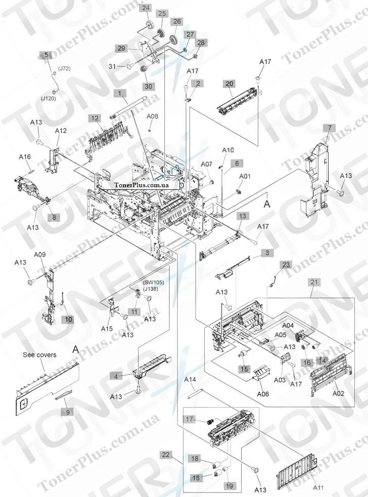 Каталог запчастей для HP LaserJet M630f Enterprise MFP - Internal components (1 of 5)