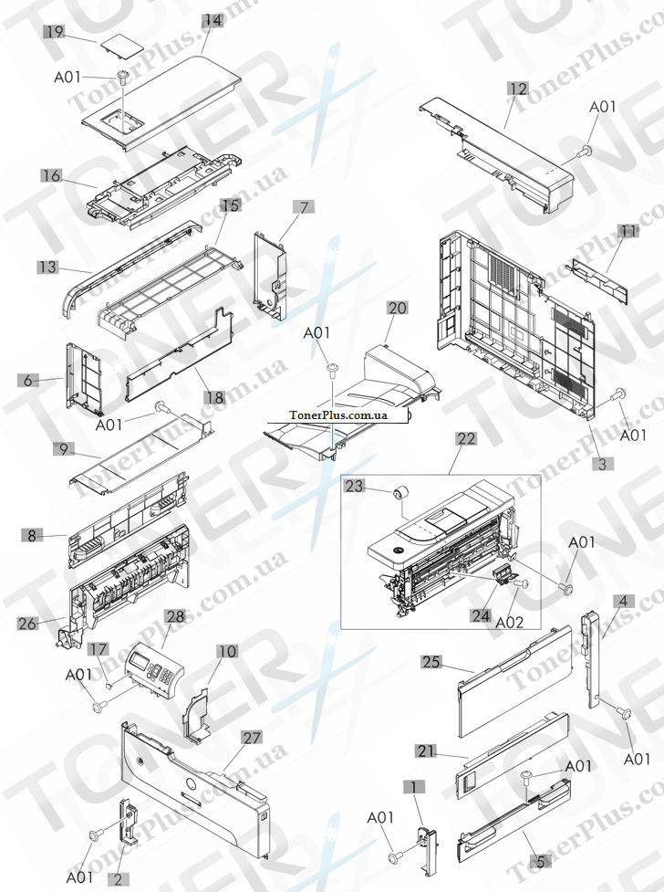 Каталог запчастей для HP LaserJet M712 Enterprise 700 - External covers and panels