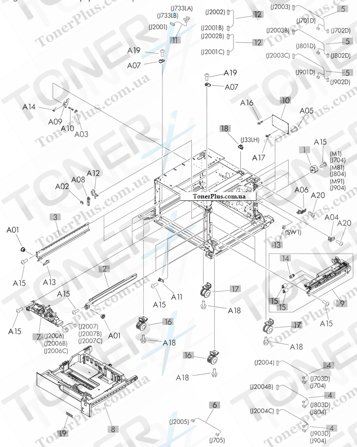 Каталог запчастей для HP LaserJet M725 Enterprise 700 MFP - 3x500 paper deck components