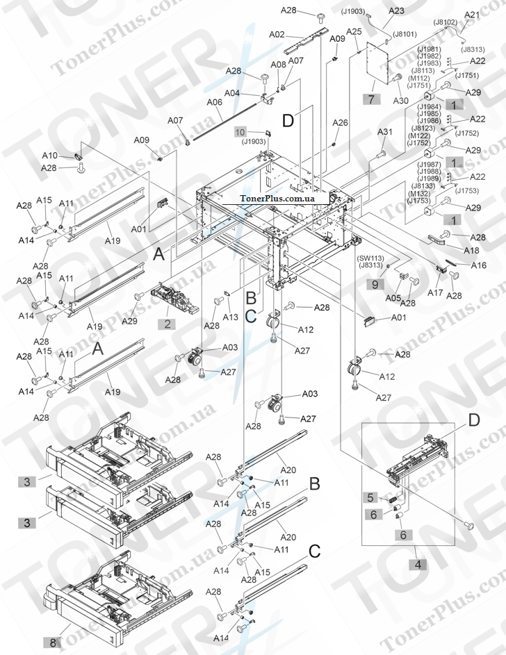 Каталог запчастей для HP LaserJet M880z Enterprise Flow MFP - 3x500-sheet feeder components